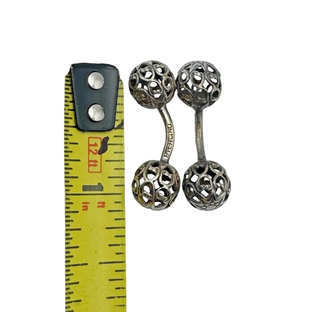 Vintage Art Deco Sterling Silver Filigree Sphere Cufflinks Dumbbell Bar Link